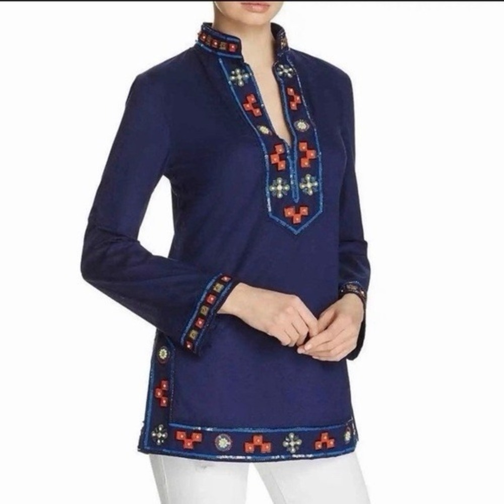 Tory Burch Women 12 Embellished Tory Tunic Navy Sea Boho Preppy V Neck Beaded